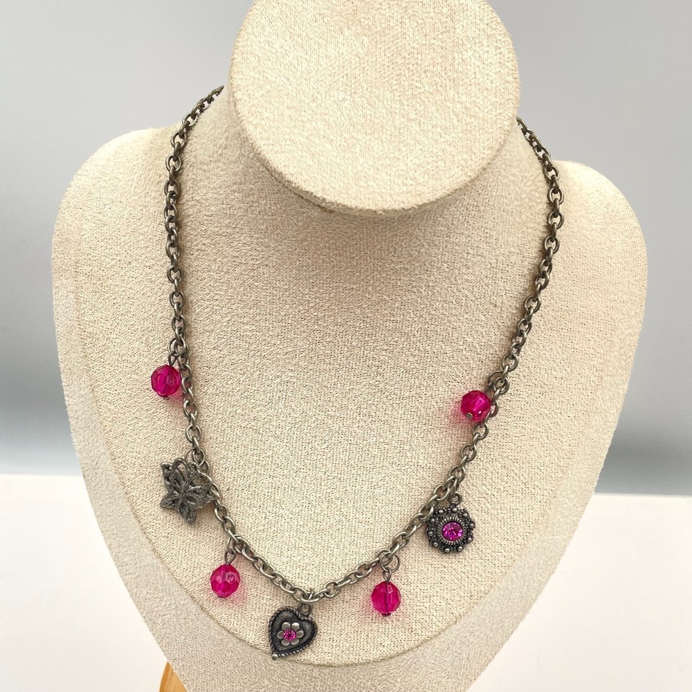 Vintage Silver Tone Charm Necklace Pink Faceted Bead Heart Butterfly Floral